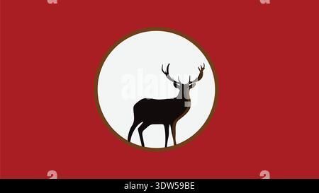 Hirsch-Silhouette Im Circular Moon Auf Rotem Hintergrund, Symbolisches Wildtier-Emblem Und Logo Stock Vektor