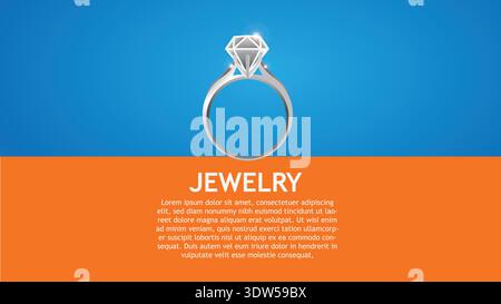 Diamant-Engagement-Ring-Schmuck-Banner-Vorlage Mit Modernem Blauem Und Orangefarbenem Hintergrund Für Hochzeit Stock Vektor