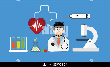 Medizinische Healthcare Konzept Illustration mit Arzt, Laborausrüstung, Mikroskop, Spritze und Herzmonitor Icons Stock Vektor