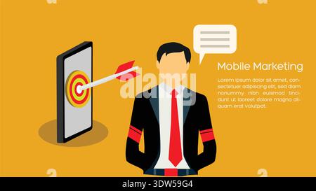 Mobiles Marketing-Konzept mit Geschäftsmann, Smartphone Target und Pfeil treffen Bullseye Stock Vektor