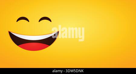Kleines lächelndes Emoji-Gesicht auf hellgelbem Hintergrund, Banner mit viel Kopierraum, fröhliches Comic-Emoticon, das Freude, Positivität und Glück ausdrückt Stock Vektor