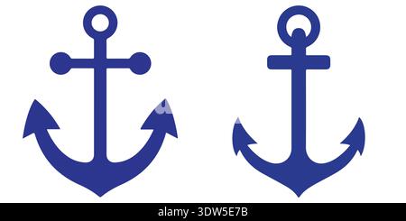 Blaue Ankersymbole mit klassischem nautischem Design, Seeschifffahrt und Seetransportsymbolen auf hellem Hintergrund. Stock Vektor