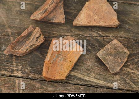 Flache Ansicht von oben nach unten verwitterter Terrakotta-Tonscherben auf einem dunklen, rustikalen Holzhintergrund. Konzept der Archäologie Stockfoto
