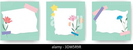 Set aus quadratischen Layouts mit Platz für Text im Collage-Stil. Zerrissenes Blatt Papier mit einem Aufkleber mit Blumen. Vorlagen für Frühling und Sommer Stock Vektor