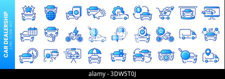 Dünne Symbole des Autohändlers. Automobilindustrie, Autohändler, Autohandel Center lineare Symbole, Transportversicherung Vektorsatz. Mietservice, Straßendienst, Autowerkstatt Stock Vektor