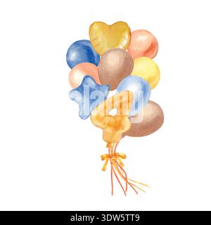 Ein Blumenstrauß aus gelben, orangefarbenen, braunen und blauen Ballons und die Zahl vier, handgemalt in Aquarell auf einem isolierten Hintergrund. ClipArt für 4 Jahre Stockfoto