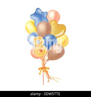 Ein Blumenstrauß aus gelben, orangefarbenen, braunen und blauen Ballons und die Zahl acht, handgemalt in Aquarell auf einem isolierten Hintergrund. Clip-Art für ein Baby Stockfoto