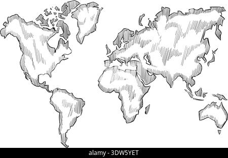 Handgezeichnete Weltkarte. Planetengeographie im Doodle-Stil Stock Vektor