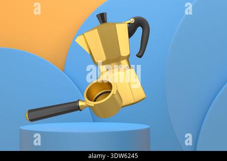 Set aus Mokakanne und Portafilter mit schwarzen Griffen, die über dem Sockel schweben, und abstraktem, minimalem abstraktem Hintergrund, Konzept von Premium-Kaffee Stockfoto