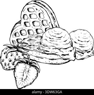 Schwarz-weiße Strichgrafik-Illustration mit Waffeln mit Eiskugeln und Erdbeeren. Handgezeichnete Dessertkomposition in Tintenart für Café-Menüs Stock Vektor