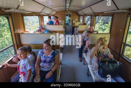Mokra Gora, Serbien - 28. August 2015: Touristen in Sargan acht historische Schmalspurbahn vom Dorf Mokra Gora zum Bahnhof Sargan Vitasi Stockfoto