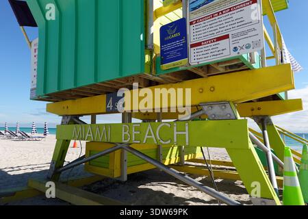 Life Guard Station in pastellgrünen Farben am Sandstrand South Beach in Miami, Florida, mit weißen Sandstränden, türkisfarbenem Atlantikwasser, Palmen und der legendären Art déco-Skyline des Ocean Drive im pulsierenden Herzen von Miami Beach. USA Vereinigte Staaten von Amerika Stockfoto