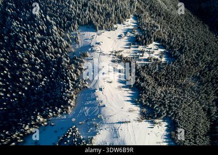 Aus der Vogelperspektive von oben zeigt schneebedeckte Landschaft mit kleinen Häusern, die von dichten Kiefernwäldern umgeben sind. Lange Schatten von Bäumen und Strukturen schaffen komplizierte Muster auf unberührtem Schnee. Stockfoto