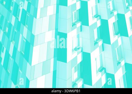 Abstraktes architektonisches Design mit einem sich wiederholenden geometrischen Muster an der Außenfassade eines Gebäudes mit zahlreichen Fenstern, die in Cyan- und W-Tönen dargestellt sind Stockfoto