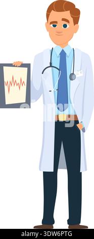 ekg-Ergebnis wird vom Kardiologen gehalten. Cartoon-Figur des Herzdoktors Stock Vektor