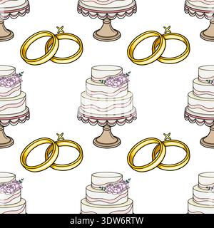 Nahtloses Vektormuster von eleganten Hochzeitstorten und goldenen Ringen mit rosa Blumenakzenten Stock Vektor