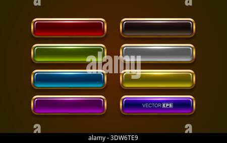 Glänzende Vektorknöpfe mit goldenem Rahmen. Eine Reihe glänzender UI-Elemente in verschiedenen Farben. Vektorabbildung. Stock Vektor