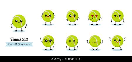 Lustiges Tennisball-Set. Vektor Hand gezeichnet Kawaii Stil Charakter Illustration Icon Design. Stock Vektor