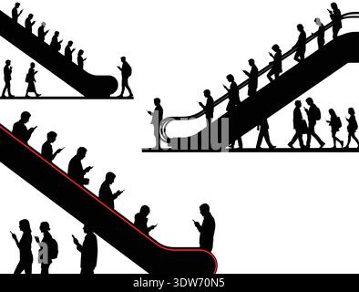 Silhouette von Personen, die auf der Rolltreppe laufen, Silhouette von Personen, die Rolltreppen benutzen Stock Vektor