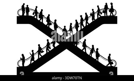 Silhouette von Personen, die auf einer Rolltreppe laufen, Personen, die auf einer Rolltreppe laufen Stock Vektor