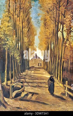 Vincent van Gogh – Pappelallee im Herbst 1884 – frühe niederländische Landschaft mit baumgesäumtem Weg und einsamer Figur | ArchiVerse: Impressionismus & Post Stockfoto