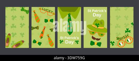 Cartoon St. Patrick's Day Grußkarten und Banner, Cover auf grünem Hintergrund. Flache Abbildung. Minimalistische Karten für St. Patrick Ireland Holida Stock Vektor