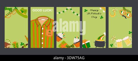 Cartoon St. Patrick's Day Grußkarten und Banner, Cover auf grünem Hintergrund. Flache Abbildung. Minimalistische Karten für St. Patrick Ireland Holida Stock Vektor