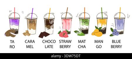 Boba Tee Menü Hintergrund mit verschiedenen Geschmack. Vektor flache Zeichentrickillustration isoliert auf weiß. Taro, Karamell, Schokoladen-Bubble-Tee-Getränke-Set. Stock Vektor