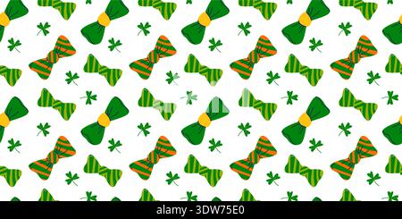 Flaches Patrick Day-Muster mit grünen Schleifen und Kleeblatt. Nahtlose Struktur für Feiertage in Irland. Stock Vektor