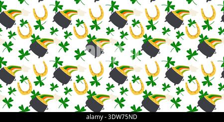 Flaches Patrick Day-Muster mit grünen Schleifen und Kleeblatt. Nahtlose Struktur für Feiertage in Irland. Stock Vektor