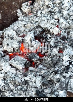 Nahaufnahme von heißen Kohlen bedeckt mit grauer Asche. Rot leuchtende Glut sorgt für eine dramatische feurige Textur und ein Wärmekonzept. Glühende Glut und Asche aus nächster Nähe mit r Stockfoto
