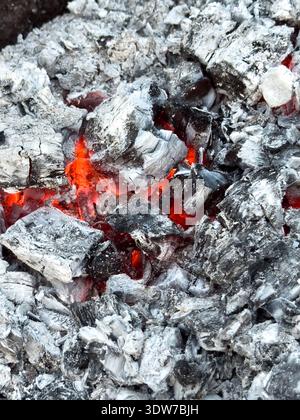 Nahaufnahme von heißen Kohlen bedeckt mit grauer Asche. Rot leuchtende Glut sorgt für eine dramatische feurige Textur und ein Wärmekonzept. Glühende Glut und Asche aus nächster Nähe mit r Stockfoto