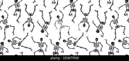 Lustiges, tanzendes Skelett, nahtloses Muster, ausgefallene Gothic Bone Doodles für Halloween und Streetwear Stock Vektor