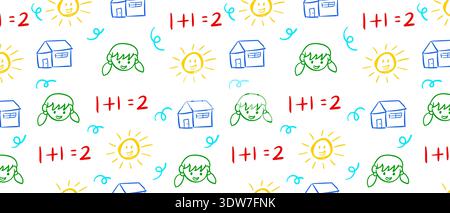 Kindliche Schule Doodles nahtloses Muster, lustige handgezeichnete Mathematik und Hausskizzen für Kinder Wallpaper Stock Vektor