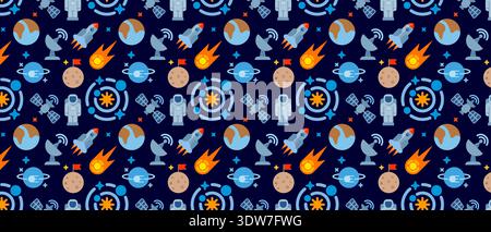 Space Adventure Seamless Pattern with Rockets Astronauten and Planets for Kids Bedroom Wallpaper Stock Vektor
