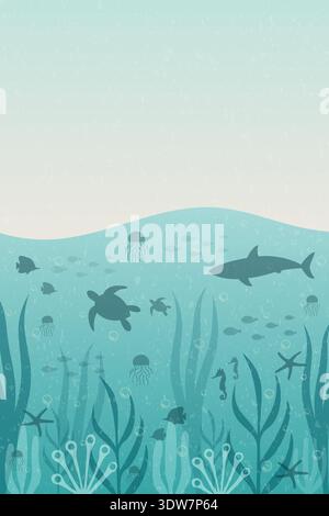 Strukturierter Unterwasserwelthintergrund mit Meerestieren Silhouetten Vektor-Illustration. Stock Vektor
