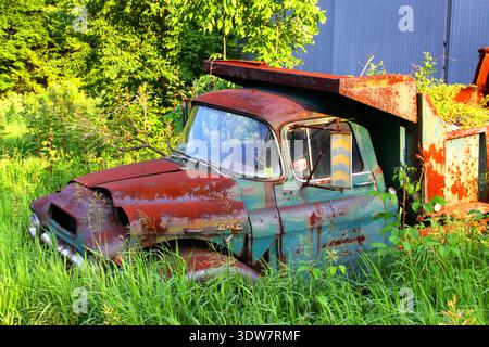 Verrosteter Schrottwagen in den Catskill Mountains im Bundesstaat New York, USA. Stockfoto