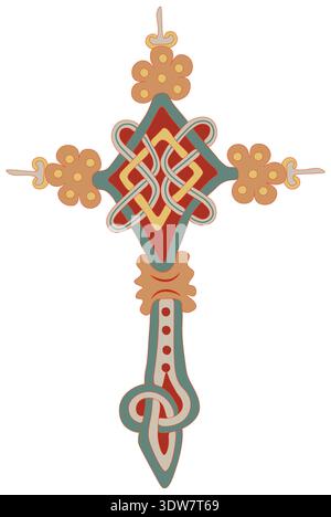 Kompliziertes mittelalterliches orthodoxes Kreuz mit traditionellen Balkanornamenten und lebhaften Farben aus dem historischen Miroslav-Evangelium aus dem 12. Jahrhundert Stockfoto