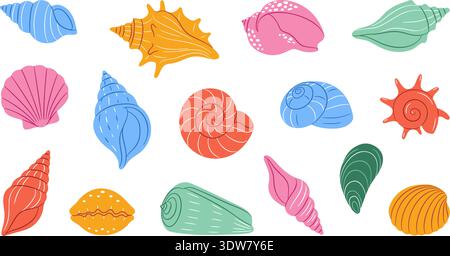 Farbenfrohes Muschelset. Handgezeichnet trendiger flacher Stil isoliert. Marine-Kollektion für Strand-Branding, nautische Dekor, Aufkleber mit Meeresmotiven, Sommerdesign, Lehrmaterialien. Vektorabbildung Stock Vektor