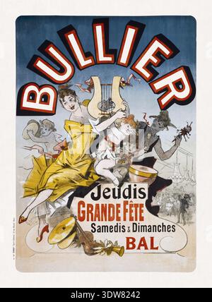 Farbiges lithographisches Poster von Jules Chéret, um den Pariser Ballsaal Bal Bullier zu fördern, der im 19. Jahrhundert sehr beliebt war und heute nicht mehr existiert. Stockfoto