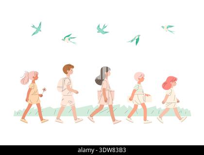 Fünf Kinder gehen auf die Natur, Illustration in flachem Stil Stock Vektor