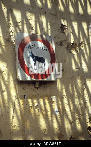Ein kreisförmiges, in arabischer Sprache geschriebenes Schild verbietet den Transport von Packtieren an einer verwitterten Wand in Fes, Marokko. Stockfoto