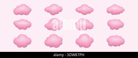Symbolset aus niedlichen, pinken 3D-Wolken. Flauschige Karikaturwolken mit weichen Pastellverläufen isoliert auf hellem Hintergrund Stock Vektor