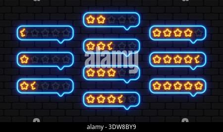 Neon-Sprechblasen mit Sternen in verschiedenen Kombinationen. Leuchtende Umrisse erzeugen einen modernen Stil der Überprüfungsschnittstelle. Ideal für Kundenfeedback Stock Vektor