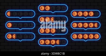 Neon-Basketball-Punkteskala in leuchtenden Sprachformen. Orangefarbene Ballsymbole zeigen den Fortschritt und die erreichten Schritte an. Ideal für Sport-Apps, Spielstatistiken oder Stock Vektor