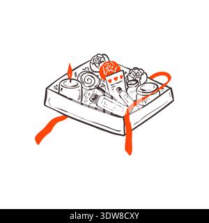 Valentinstag, Mädchengeburtstag, Hochzeit romantische Liebe Geschenk und Geschenk. Handgezeichnete skurrile Koketten-Zeichnung mit Buntstift-Illustration. Geschenkbox Stock Vektor