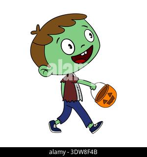 Magischer Tag Halloween. Niedliches Zombie-Zeichentrick-Ideenmasken-Kostüm. Fröhliches und lächelndes, lustiges Monster aus grüner Haut. Line Art Element Kollektion Stockfoto