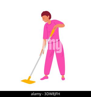Putzfrau in hellrosa Uniform, die den Boden mit Mopp abwischt. Reinigungsräume und Büros. Illustration des flachen Vektors. Stock Vektor