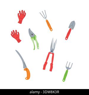 Verschiedene Gartenwerkzeuge. Handschuhe, Schere, Feile, Rechen. Vektorillustration in flacher Form für Geschäfte, Präsentationen, Hinzufügen. Stock Vektor