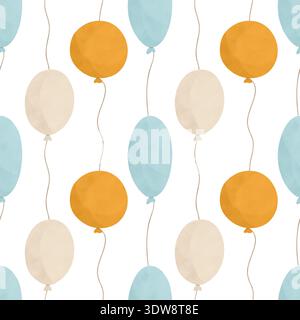 Ballons, ein handgezeichnetes Aquarell, Pastell. Nahtloses Muster. Flaches Designelement. In Pastelltönen in Gelb, Blau, Beige. Eine Kinderzeichnung Stockfoto